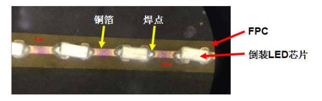蛣2 电子显微镜下所见柔性灯丝上的倒装led芯片